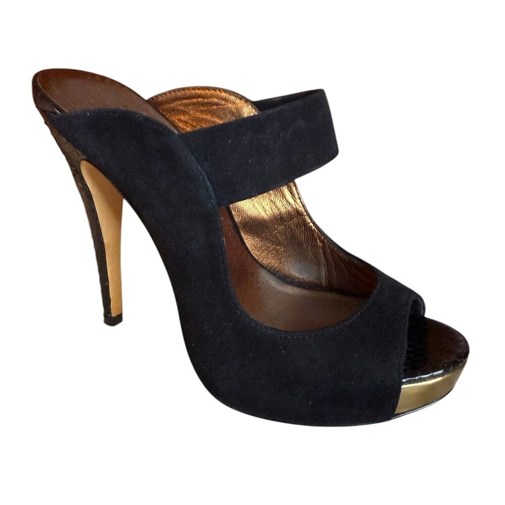 Pelle Moda Suede Open Toe Suede Heeled Sandals Black 7